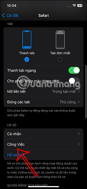 Hồ sơ mới tạo trên Safari