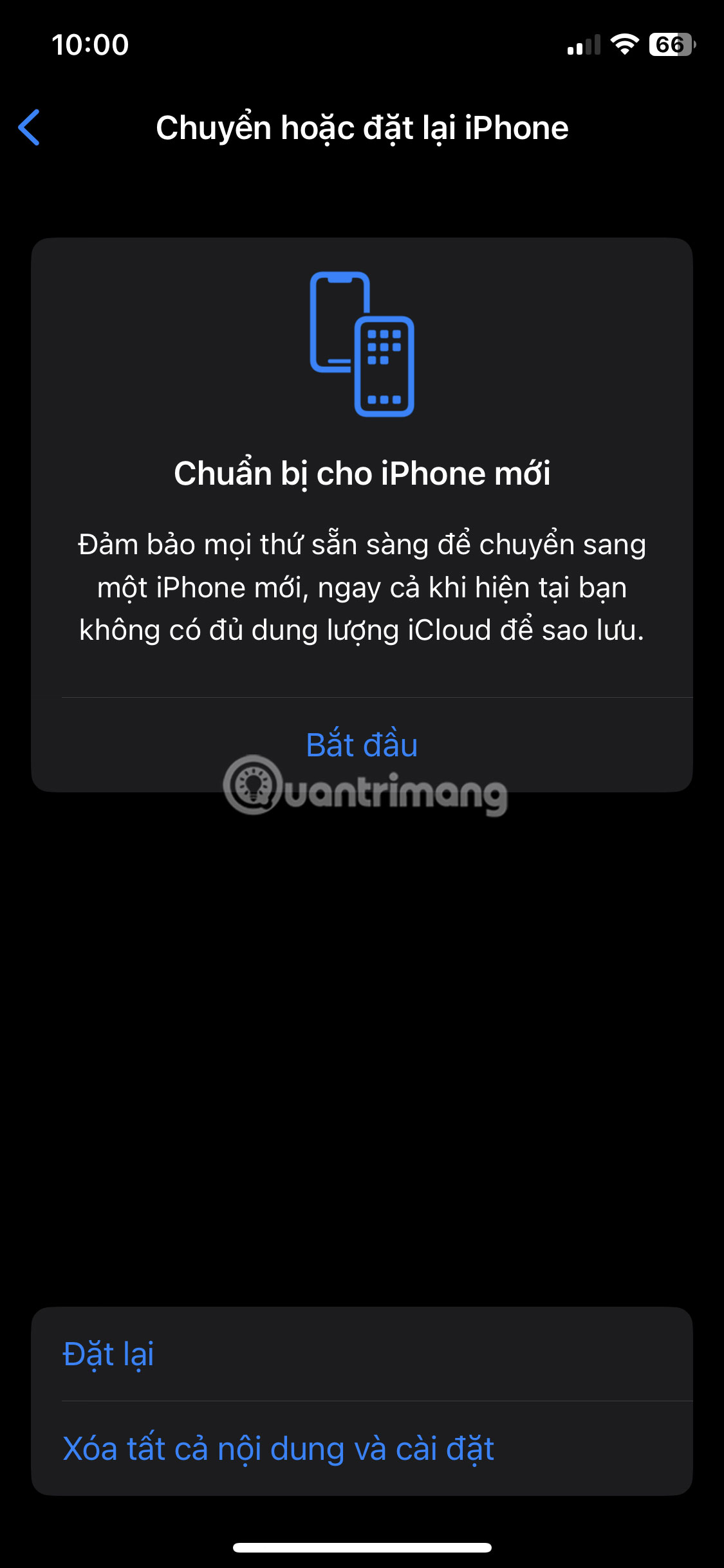 Nhấn vào Đặt lại
