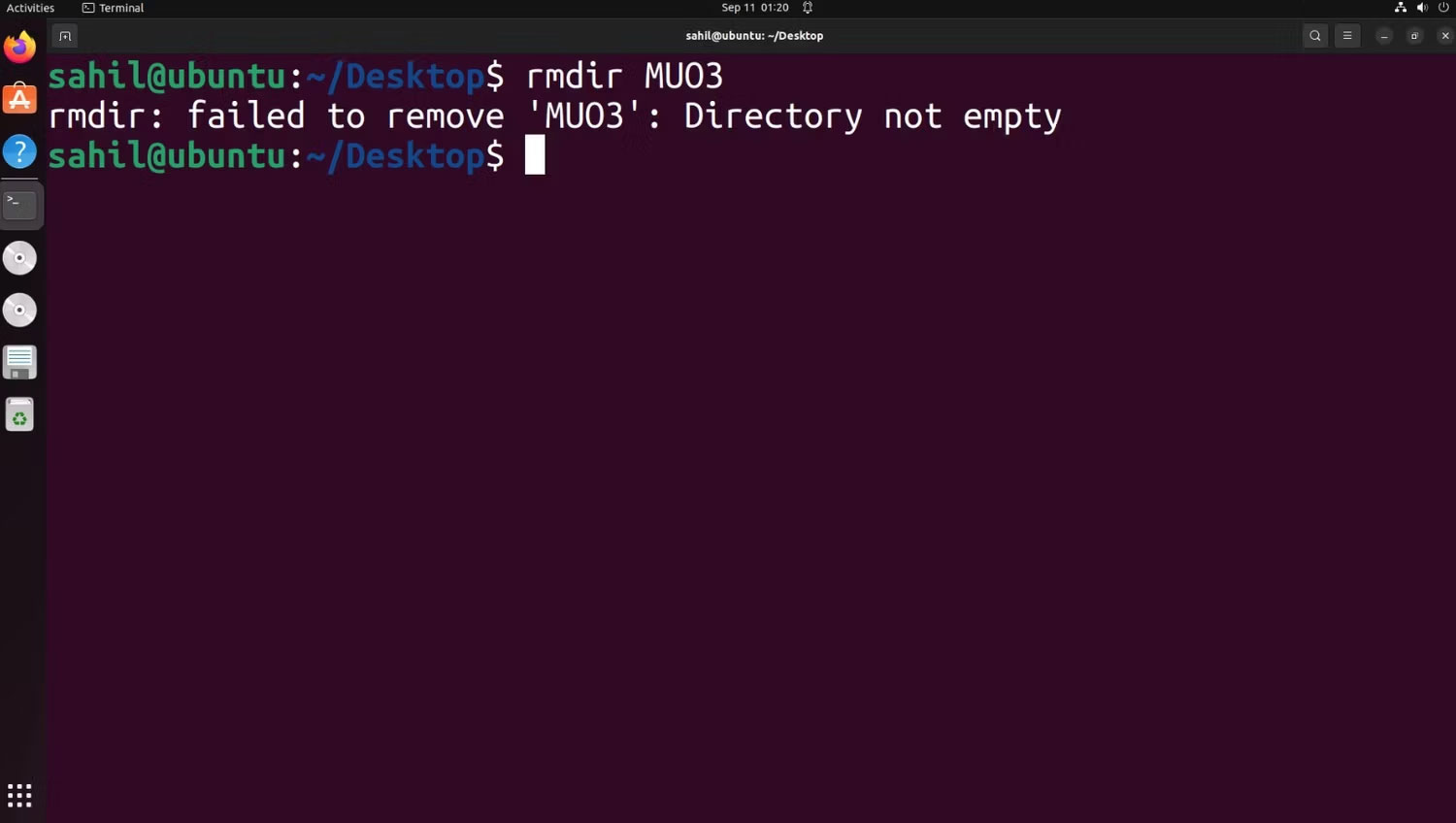 Thông báo lỗi rmdir trong terminal Ubuntu