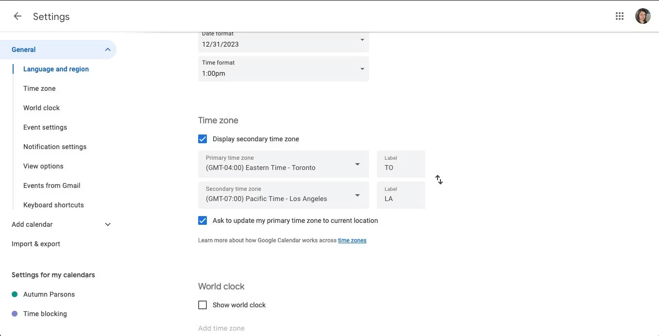 Phần cài đặt Google Calendar