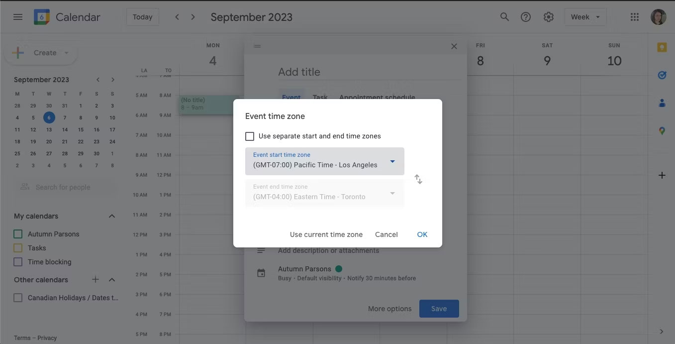 Menu lập lịch sự kiện của Google Calendar theo múi giờ khác