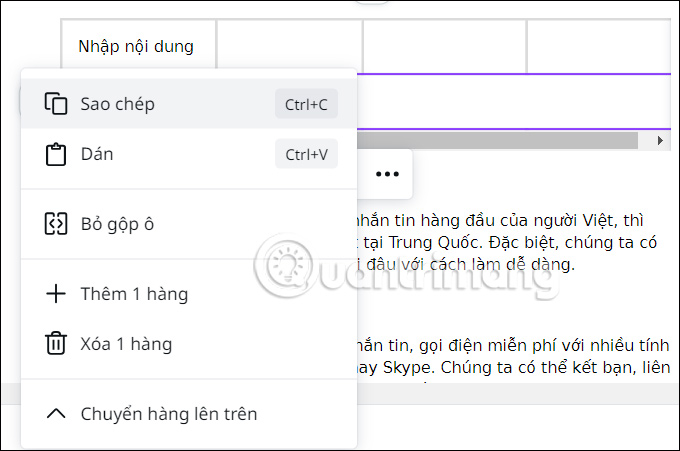 Chỉnh sửa bảng trong văn bản trên Canva