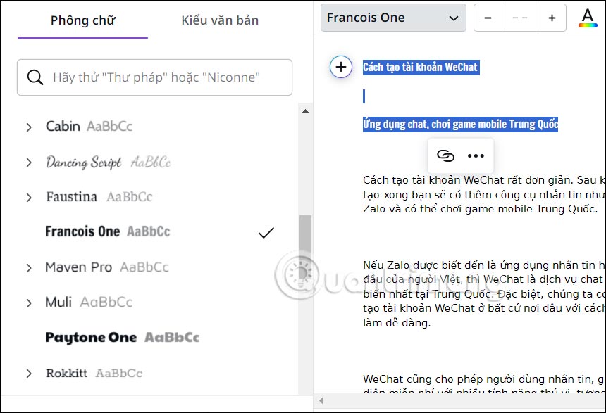 Chỉnh văn bản Google Docs lên Canva