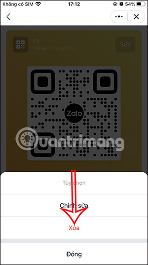 Chọn xóa mã QR Ví QR Zalo
