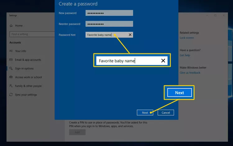 Trường Password hint và nút Next trong Create a password