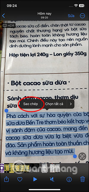 Sao chép chữ tiếng Việt trong ảnh trên iPhone