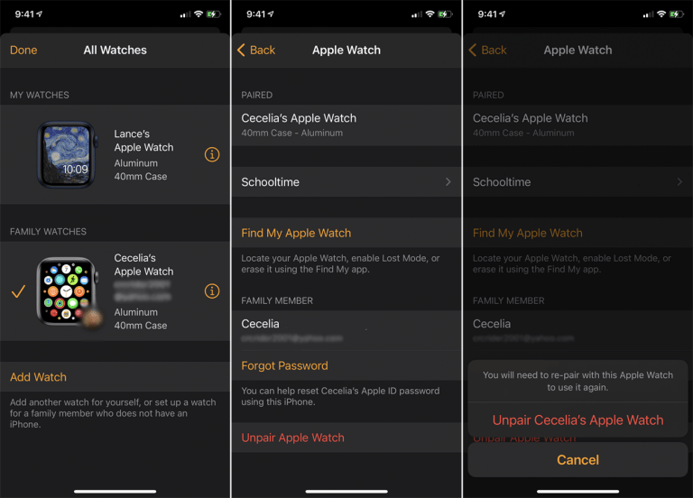 Hủy ghép nối Apple Watch của thành viên gia đình