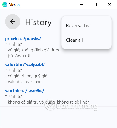 Lịch sử tra từ điển trên Diccon Evo