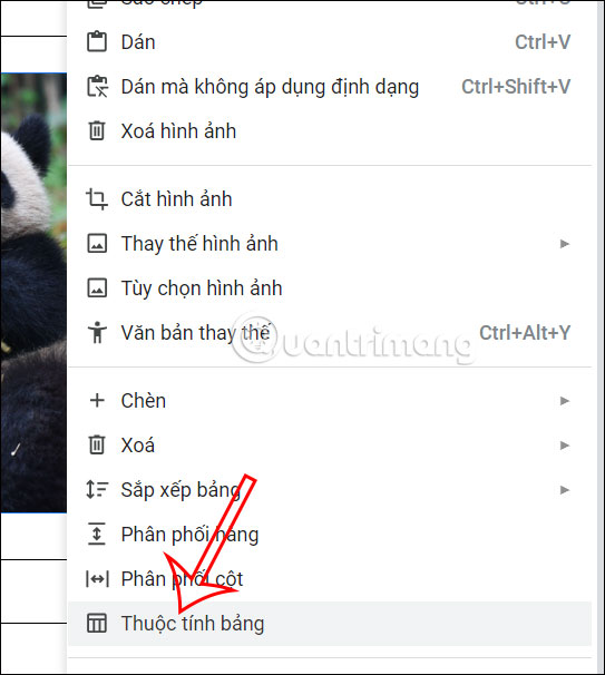 Thuộc tính bảng trên Google Docs