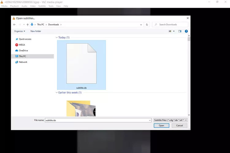 VLC đang nhập file IDX.