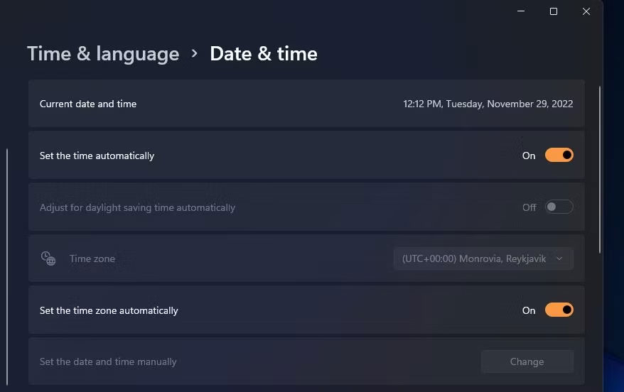 Tùy chọn Set time automatically trong Settings