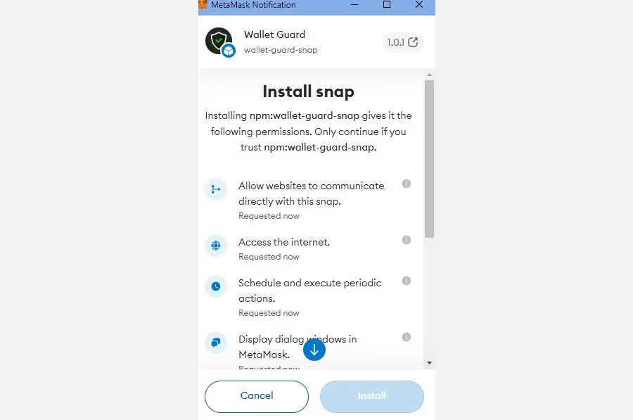 Các quyền khi cài đặt Wallet Guard Snap