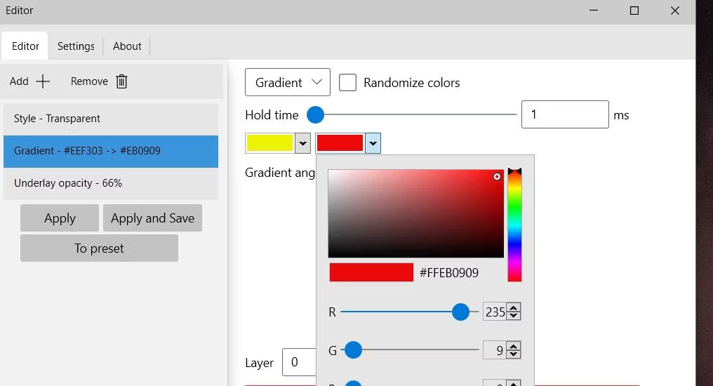 Bảng màu trong Rainbow Taskbar