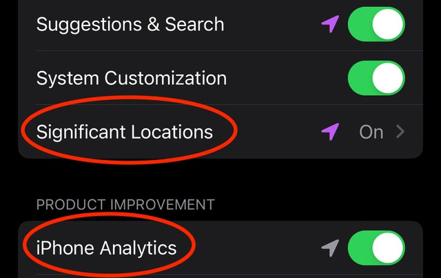 Các tính năng tự động bật gồm tính năng phân tích dữ liệu iPhone (iPhone Analytics) và vị trí quan trọng (Significant Locations)