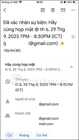 Thông báo thời gian sự kiện trên Gmail 