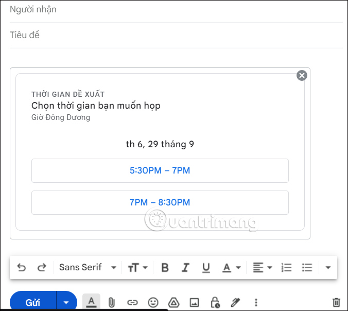 Gửi thời gian đề xuất cho sự kiện trên Gmail 