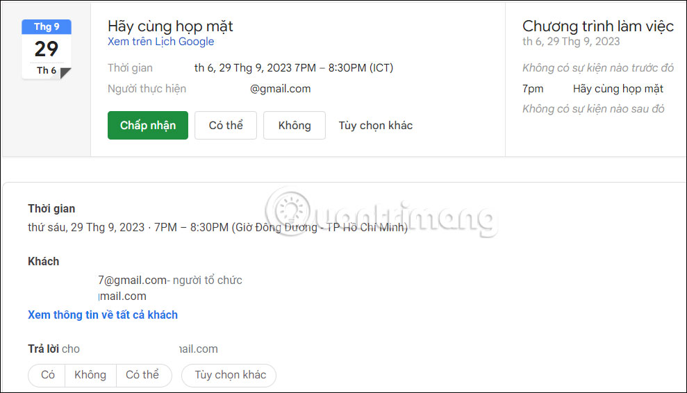 Email phản hồi thời gian sự kiện trên Gmail 