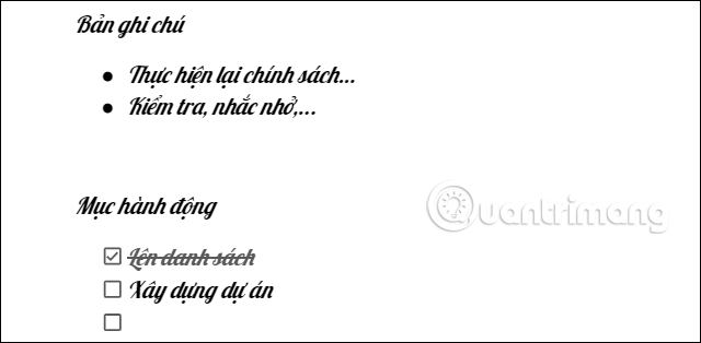 Nội dung danh sách trong cuộc họp Google Docs