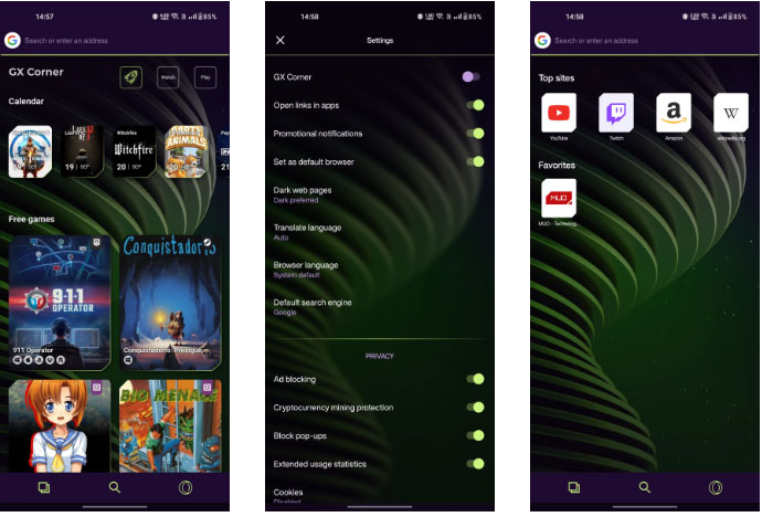 Opera GX với GX Corner bị vô hiệu hóa