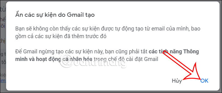 Ẩn sự kiện tạo từ Gmail trong Google Calendar