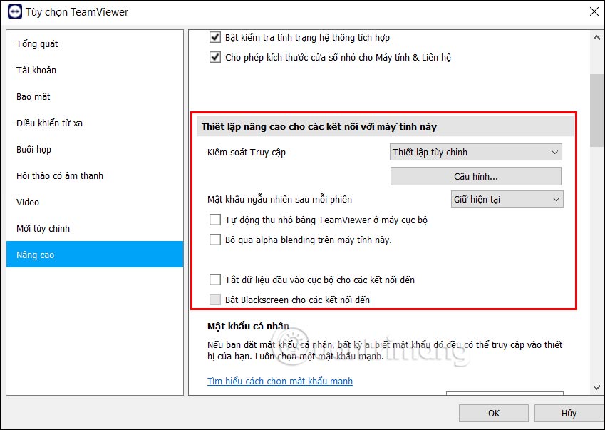 Thiết lập nâng cao cho các kết nối với máy tính này qua Teamviewer