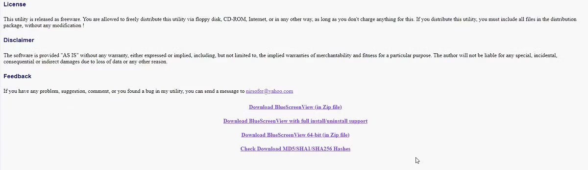 Tùy chọn BlueScreenView EXE và ZIP
