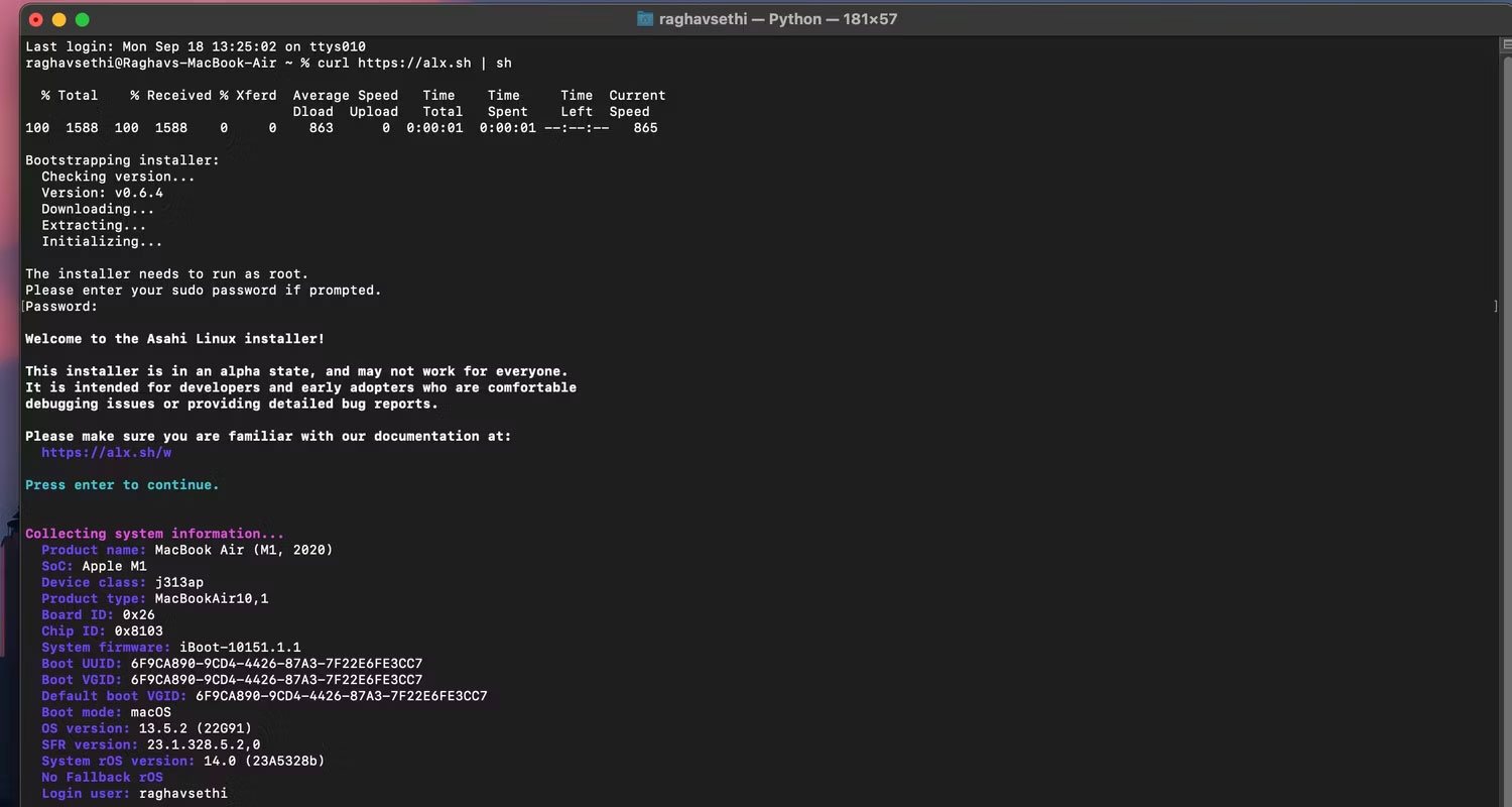 Lệnh tải xuống Asahi Linux được nhập trên macOS Terminal