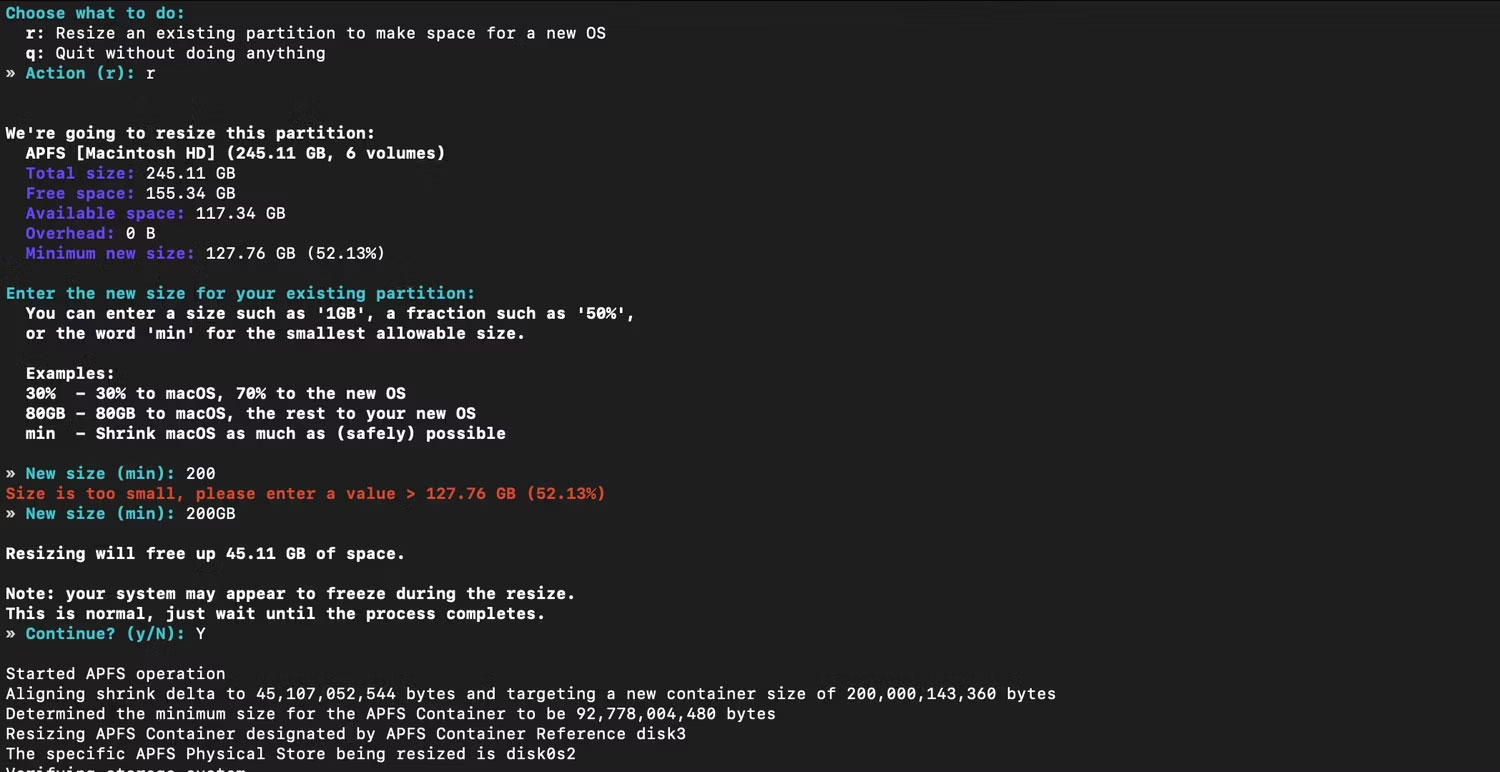 Ổ đĩa macOS đang được thay đổi kích thước để tạo dung lượng cho Asahi Linux