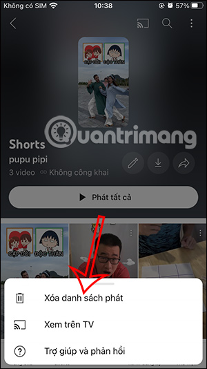 Xóa playlist video YouTube Shorts