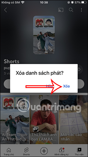 Chọn xóa playlist YouTube Shorts