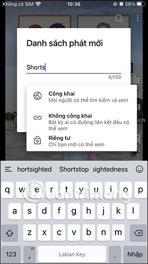Nhập tên cho playlist video YouTube Shorts