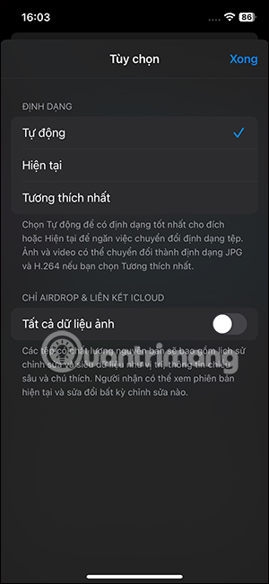 Các tùy chọn định dạng ảnh iPhone