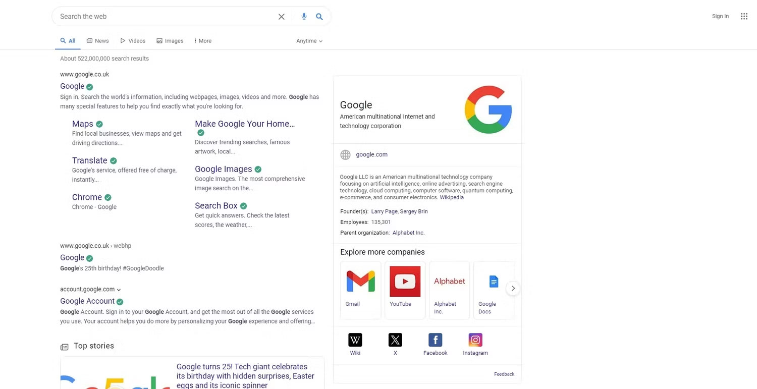 Kết quả tìm kiếm Google trong trình duyệt Chrome