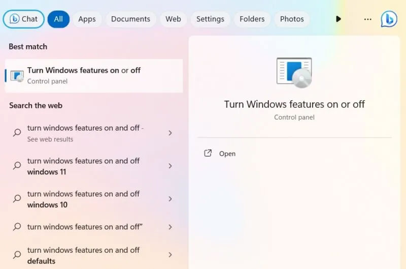 Mở 'Turn Windows features on' từ Windows Search.
