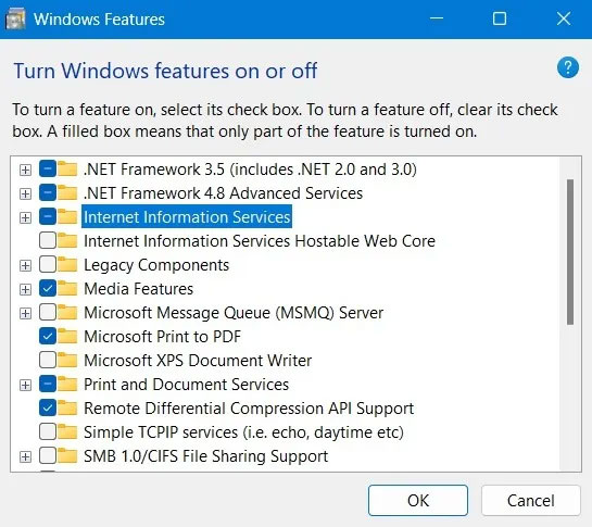 Kích hoạt IIS thông qua Windows Features