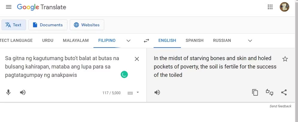 Google Translate một thành ngữ tiếng Philipin