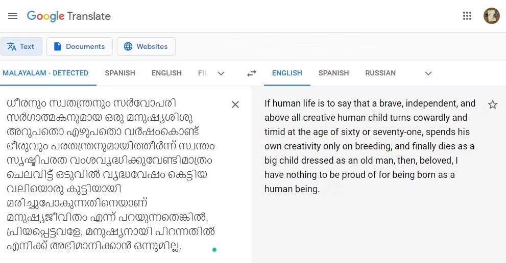 Google Translate dịch tiếng Malayalam
