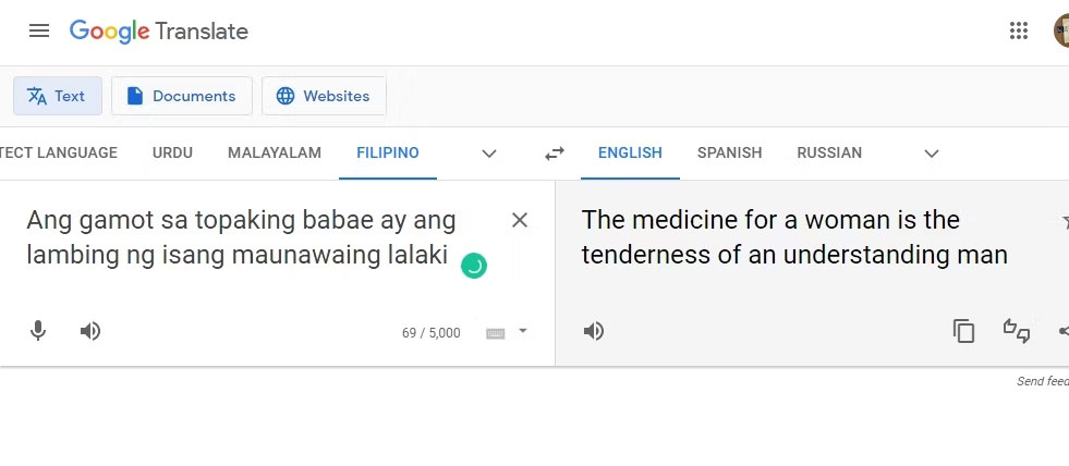 Google Translate dịch văn bản tiếng Philipin