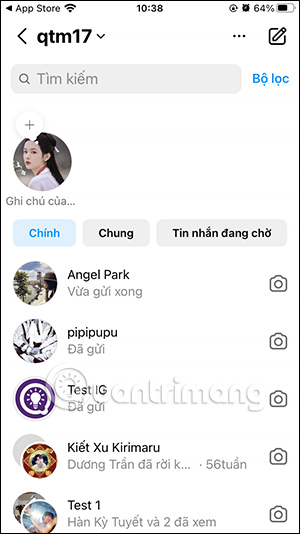 Giao diện nhắn tin trên Instagram