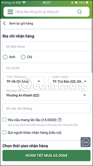 Nhập địa điểm giao hàng trên Bách Hóa Xanh