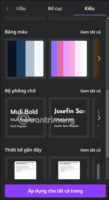Chọn kiểu cho slide trên Canva