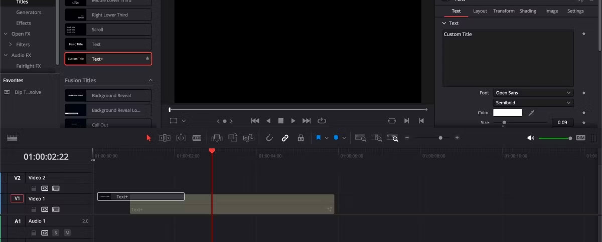 Trang Edit của DaVinci Resolve với hiệu ứng tiêu đề bị loại bỏ trong timeline