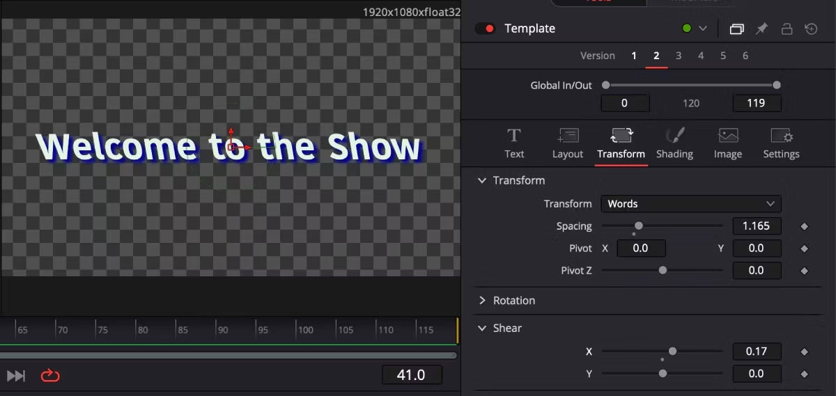 Tiêu đề Versions 2 đã được chỉnh sửa trên trang Fusion của Davinci Resolve