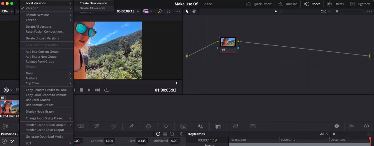 Tạo phiên bản mới trên trang Color của DaVinci Resolve