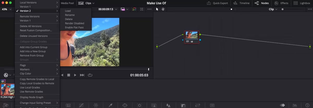 Luân phiên giữa các phiên bản trên trang Color của DaVinci Resolve