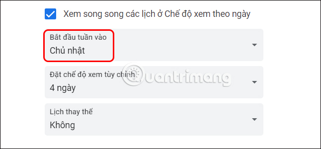 Bắt đầu tuần Google Calendar
