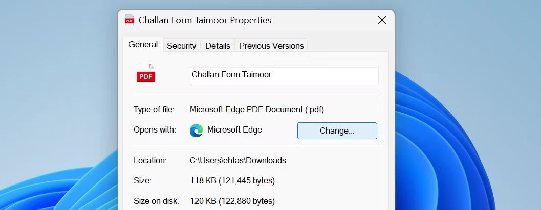 Nhấp vào nút Change... để thay đổi ứng dụng mặc định mở file PDF