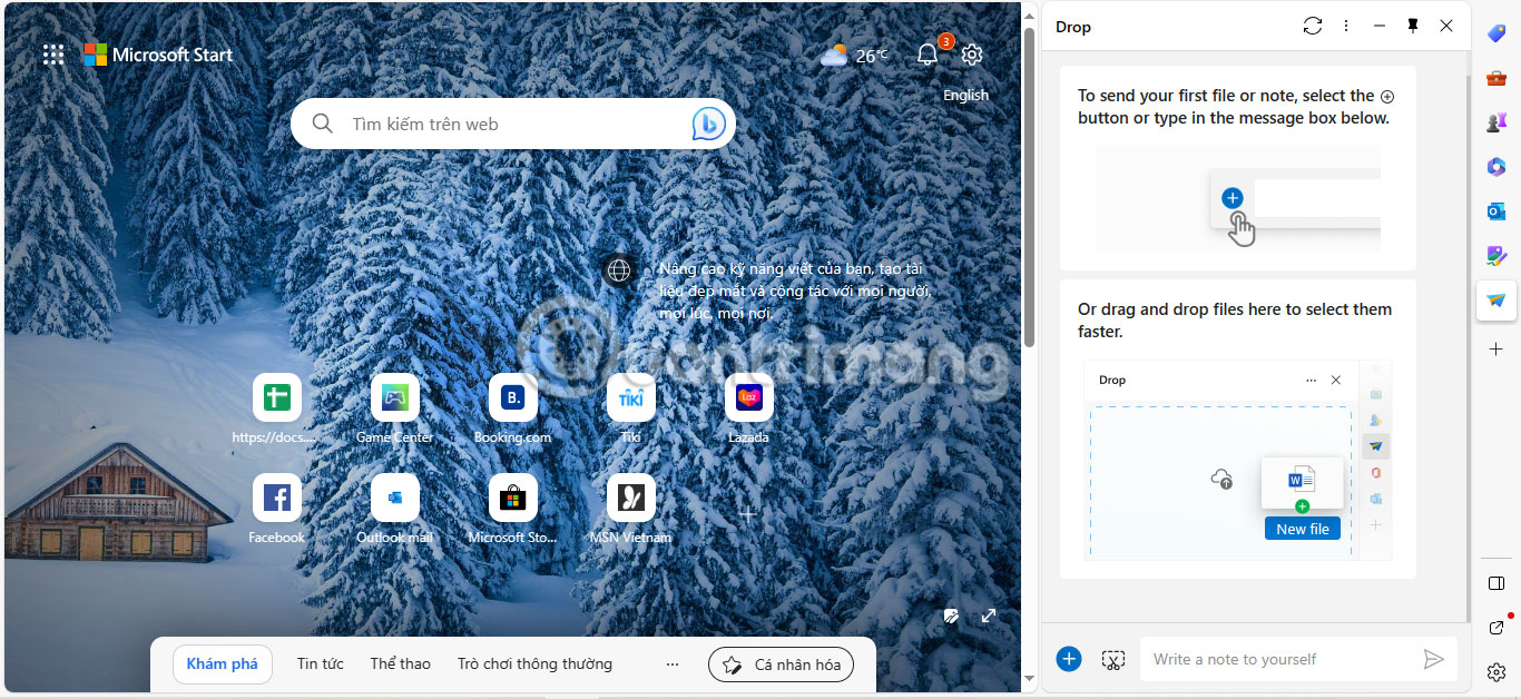 Desktop Edge với menu Drop đang mở