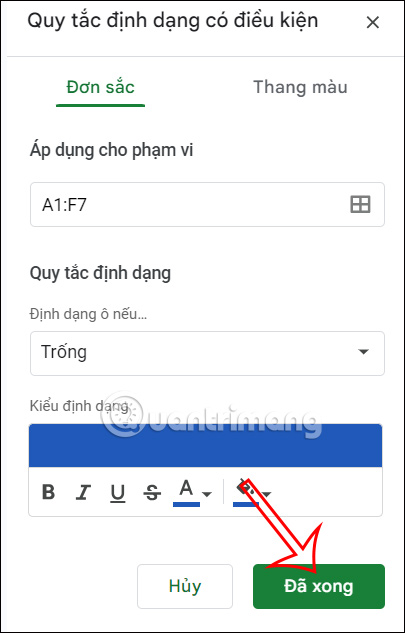Bảng gam màu định dạng Google Sheets