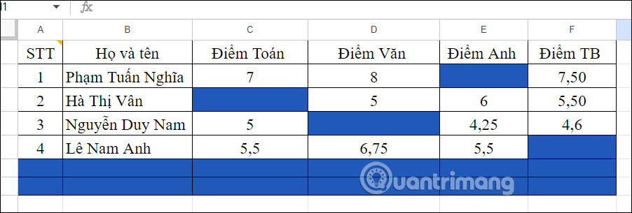 Tô màu ô trống Google Sheets